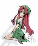  1girl asana braid china_dress chinese_clothes dress female gloves hair_ribbon hat hong_meiling immaterial_and_missing_power injury izayoi_sakuya long_hair red_eyes redhead ribbon saliva scrapes shadow solo the_embodiment_of_scarlet_devil touhou twin_braids you_gonna_get_raped 