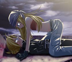  00s 1boy 1girl bandanna bandeau belt blonde_hair blue_eyes blush braid denim edward_elric flat_chest fullmetal_alchemist gloves jeans long_hair mechanic pants single_braid strapless tomboy tubetop winry_rockbell 