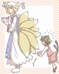  2girls animal_ears bad_anatomy bad_id blonde_hair cat_ears cat_tail chen china_dress chinese_clothes dress earrings female fox_ears fox_tail hat jewelry long_sleeves lowres multiple_girls pillow_hat poorly_drawn ribbon shoes short_hair socks tail tassel touhou wide_sleeves yakumo_ran 