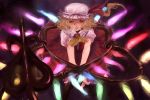  1girl blonde_hair female flandre_scarlet glowing glowing_wings hat kito_(coyo) laevatein looking_down open_mouth ponytail red_eyes ribbon short_hair skirt smile solo touhou wavy_hair wings 