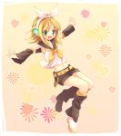  bad_id bare_shoulders blonde_hair detached_sleeves green_eyes kagamine_rin retei ribbon shorts smile vocaloid 