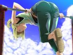  1girl armpit_peek armpits ass blonde_hair casual clouds fate/stay_night fate_(series) fukurou horizontal_bar no_socks saber sky solo upside-down 