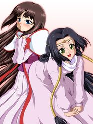  2girls after_war_gundam_x black_hair blue_eyes blush brown_hair code_geass cosplay costume_switch crown gundam hair_tubes hat kanai_mika long_hair multiple_girls seiyuu_connection sumeragi_kaguya tanan tiffa_adill yellow_eyes 