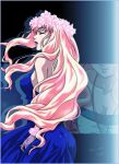  1girl ass back bangs bare_shoulders blonde_hair bracelet breasts cleavage closed_eyes dress erect_nipples female flower formal hair_flower hair_ornament head_out_of_frame iyou jewelry large_breasts lipstick long_hair macross macross_frontier makeup necklace open_mouth profile shadow sheryl_nome signature smile solo standing very_long_hair wavy_hair yukkyun 