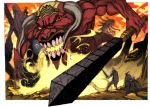  3boys battle bow_(weapon) demon fighting fire glowing horns lack molten_rock multiple_boys sword weapon 
