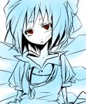  1girl :/ bad_id blue cirno fairy female head_tilt looking_at_viewer red_eyes solo touhou untied wings 