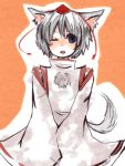  animal_ears blue_eyes chiri_(o9o9) female hat inubashiri_momiji short_hair silver_hair tail touhou wink wolf_ears wolf_tail 