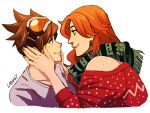  artist_name bare_shoulders brown_hair emily_(overwatch) face-to-face freckles goggles goggles_on_head green_scarf hands_on_another&#039;s_face ladygt93 long_hair looking_at_another nail_polish orange_hair overwatch scarf short_hair smile tracer_(overwatch) yuri 