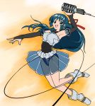  00s 1girl bad_id blue_hair boots broccoli_(company) earrings elbow_gloves galaxy_angel gloves half_updo jewelry karasuma_chitose long_hair microphone nyama ribbon see-through smile solo vintage_microphone 