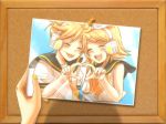  1boy 1girl :p bad_id blonde_hair blush brother_and_sister closed_eyes ebimayo hair_ornament hairclip happy heart heart_hands heart_hands_duo kagamine_len kagamine_rin photo_(object) short_hair siblings smile tongue tongue_out twins vocaloid 
