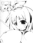  1girl ahoge blush cape caro_ru_lushe closed_mouth dragon eyebrows eyebrows_visible_through_hair flower flower_on_head flying friedrich hat lyrical_nanoha magical_girl mahou_shoujo_lyrical_nanoha mahou_shoujo_lyrical_nanoha_strikers monochrome monster sch simple_background smile solo upper_body white_background wings 
