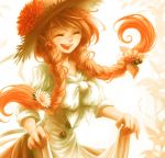  1girl braid closed_eyes dress flower freckles hair_flower hair_ornament happy hat hat_flower mikeneko_ringo redhead ribbon smile solo twin_braids uroko uroko_(mnr) 
