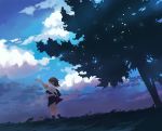  1girl arms_up clouds nature original oryou outstretched_hand scenery school_uniform serafuku sky solo tree wind 