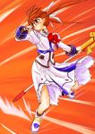  1girl bow fingerless_gloves gloves lyrical_nanoha magazine_(weapon) magical_girl mahou_shoujo_lyrical_nanoha mahou_shoujo_lyrical_nanoha_a&#039;s raising_heart red_background red_bow redhead shoes solo takamachi_nanoha twintails uka violet_eyes white_devil winged_shoes wings 