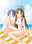 2girls :d antenna_hair ass bangs barefoot beach beach_towel blanket blue_eyes blue_hair blush bob_cut body_blush breasts brown_eyes brown_hair casual_one-piece_swimsuit cleavage clouds cloudy_sky from_side hair_intakes halterneck highleg highleg_swimsuit leaning_forward leg_hug long_hair looking_at_viewer looking_back love_hina maehara_shinobu multiple_girls narusegawa_naru ocean one-piece_swimsuit open_mouth outdoors parted_bangs pink_swimsuit short_hair side_cutout sidelocks sitting sky small_breasts smile striped swimsuit towel water white_swimsuit 