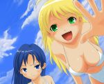  araragi_yuuichi bikini blonde_hair blue_eyes blue_hair foreshortening frown green_eyes hands happy hoshii_miki idolmaster kisaragi_chihaya outstretched_arm outstretched_hand reaching sky smile swimsuit 