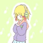  1girl alternate_costume any_(artist) any_(lucky_denver_mint) bad_id blonde_hair closed_eyes contemporary female hair_ribbon headphones hood hoodie listening_to_music moriya_suwako musical_note ribbon short_hair solo touhou 