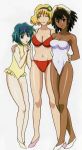  00s 3girls absurdres amarone_slaintheav belvedere_coco bikini blonde_hair blue_eyes blue_hair breasts brown_hair celtic_midori cleavage closed_eyes dark_skin hairband hat highres large_breasts multiple_girls navel open_mouth short_hair smile swimsuit vandread 