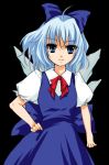  1girl ahoge atoshi bad_id blue_eyes blue_hair bow cirno female hair_bow hand_on_hip ribbon short_hair smile solo the_embodiment_of_scarlet_devil touhou wings 