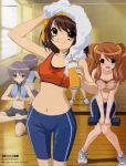  3girls asahina_mikuru barefoot bike_shorts blush brown_hair highres ikeda_shouko looking_at_viewer multiple_girls nagato_yuki official_art open_mouth scan short_hair single_vertical_stripe spandex suzumiya_haruhi suzumiya_haruhi_no_yuuutsu sweat 