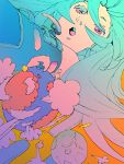  1girl :o aqua_hair bad_id colored_eyelashes detached_sleeves earth from_below gradient gradient_background gradient_eyes hatsune_miku headphones headset long_hair microphone multicolored_eyes mwr open_mouth orange_background planet smoke solo vocaloid 