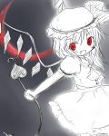 1girl crescent_moon fang female flandre_scarlet grey_background hat laevatein monochrome moon red_eyes red_moon ribbon short_hair solo spot_color suzu_(yumesora) touhou wings 