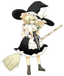  1girl ahou_miya bad_id blonde_hair bow braid broom cleavage_cutout female frills hair_bow hat hat_bow kirisame_marisa long_hair one_eye_closed short_sleeves side_braid single_braid solo touhou wink witch witch_hat wrist_cuffs yellow_eyes 