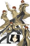  1boy 1girl baccano! black_eyes chane_laforet claire_stanfield coat dancing dutch_angle expressionless full_body haou_airen head_tilt long_sleeves looking_at_viewer open_clothes open_coat parody redhead shaded_face short_hair simple_background surprised white_background 