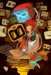  1girl 90s book cable computer computer_keyboard cowboy_bebop cup edward_wong_hau_pepelu_tivrusky_iv glasses headphones headphones_around_neck keyboard lack older orange_hair reading robot saucer screen solo wire 