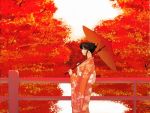 1girl autumn black_hair fence hair_up japanese_clothes oriental_umbrella parasol pen_(artist) pen_(pen3) solo tree umbrella 