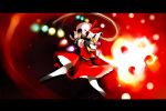  1girl bad_id blonde_hair crazy crazy_eyes crazy_smile female fire flandre_scarlet grin hat kintaro laevatein letterboxed ribbon short_hair smile solo touhou wings 