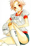  1girl ball bandaid bandaid_on_knee butterfly_print footwear gym_uniform holding_ball k_ototo kneehighs looking_at_viewer name_tag original pink_hair puffy_short_sleeves puffy_sleeves red_eyes short_hair short_sleeves simple_background socks solo volleyball white_background white_legwear 