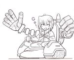  1girl :d ^_^ ^o^ closed_eyes getter-3 getter_robo ground_vehicle hair_ornament hands lyrical_nanoha machinery mahou_shoujo_lyrical_nanoha mahou_shoujo_lyrical_nanoha_a&#039;s military military_vehicle monochrome motor_vehicle open_mouth parody simple_background smile solo tank vehicle wheels white_background x_hair_ornament yagami_hayate 
