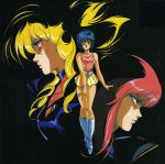  3girls 80s blonde_hair blue_hair boots bracelet hair_ornament hairclip hirano_toshihiro iczer-1 iczer-2 iczer_(series) jewelry kan&aring;&acirc;_nagisa kanou_nagisa knee_boots multiple_girls official_art oldschool pink_hair tatakae!!_iczer-1 