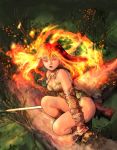  1girl female fiery_hair fire gloves highres nature orange_eyes outdoors redhead solo sword thighs weapon 