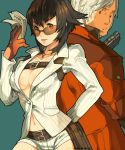 1boy 1girl back-to-back bad_id belt breasts brown_hair capcom cleavage cleavage_cutout dante_(devil_may_cry) devil_may_cry glasses gloves gun jewelry lady_(devil_may_cry) large_breasts money necklace nessie nessie_(kska) short_hair sunglasses sweatdrop weapon white_hair 