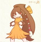  1girl brown_hair character_name costume dress extra_mouth mawile nintendo personification pokemon red_eyes ribbon simple_background smile solo white_background 