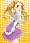  1girl arms_behind_back ass ass_grab kasugano_urara_(yes!_precure_5) mizuki_makoto precure purple_skirt skirt solo yellow_background yes!_precure_5 