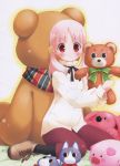  1girl :&lt; :3 blush gayarou kiriyama_sakura pantyhose pink_hair red_eyes sakura_musubi sitting solo stuffed_animal stuffed_toy teddy_bear twintails 