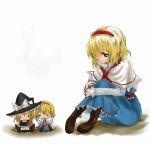  1girl alice_margatroid blonde_hair blue_eyes capelet character_doll doll female hair_over_one_eye hairband hand_holding hat headband kirisame_marisa leg_hug lonely myama sad sitting solo touhou witch witch_hat 