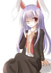  1girl animal_ears blush female mashayuki necktie one_eye_closed open_clothes open_shirt purple_hair rabbit_ears red_eyes red_necktie reisen_udongein_inaba shirt sitting sketch solo touhou wink 