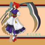  1girl breasts dress female frills hair_bobbles hair_ornament onozuka_komachi pantyhose pen_(artist) pen_(pen3) red_eyes redhead scythe shadow short_twintails smile solo touhou twintails 