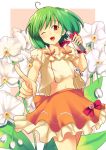  1girl :d ;d ahoge cowboy_shot floral_background flower green_hair kitagawa_unagi looking_at_viewer macross macross_frontier microphone midriff one_eye_closed open_mouth orange_skirt outside_border pointing pointing_at_viewer ranka_lee red_eyes skirt smile solo 