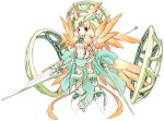  1girl horns mecha_musume original shiratama_dango solo sword tattoo weapon wings 