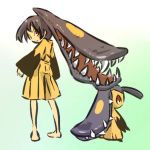  00s 1girl barefoot black_hair blush_stickers brown_eyes costume extra_mouth fangs hitec looking_back mawile moemon nintendo personification pokemon pokemon_(game) pokemon_rse prehensile_hair red_eyes simple_background solo standing 