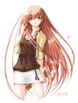  bow brown_eyes jewelry long_hair miniskirt necklace original pink_hair redhead simple_background skirt yuu_(yuyukaikan) 