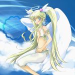  1girl bird blonde_hair blue_eyes blush clouds flat_chest halo long_hair looking_at_viewer meineko midriff open_mouth original skinny sky solo twintails wings 
