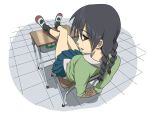  1girl bad_id black_hair braid brown_eyes bulging_eyes desk feet_on_table footwear foreshortening legs loose_socks original peeking rokusho school_desk sitting skirt socks solo twin_braids 