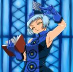  1girl armpits atlus blue_hair book card elizabeth_(persona) female gloves hat holding holding_card persona persona_3 short_hair shunzou sleeveless sleeveless_turtleneck solo turtleneck velvet_room yellow_eyes 