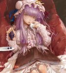  1girl :p book bookmark bow bun_cover capelet coat couch crescent crescent_hair_ornament crescent_moon crescent_moon_pin double_bun dress female food frills fruit fuyuno_haruaki grapes hair_bow hair_bun hair_ornament hair_ribbon hat holding holding_fruit long_hair long_sleeves looking_at_viewer lowres mob_cap moon open_book open_clothes open_coat open_robe patchouli_knowledge plate purple_dress purple_hair ribbon robe sitting solo striped striped_dress tongue tongue_out touhou tress_ribbon very_long_hair 